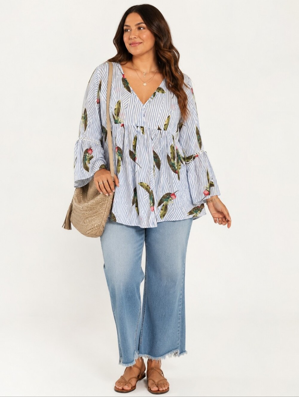 Yak & Yeti Boho Hippie Peplum Blouse Large Blue White Stripe Floral Bell Sleeve